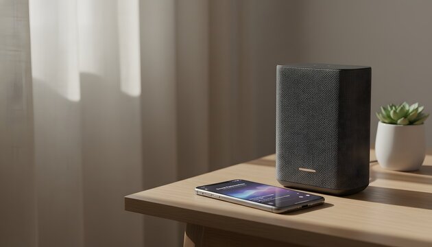 Modern smart speaker and smartphone playing a relaxing playlist on a wooden table in a bright room for a home entertainment concept with soft sunlight