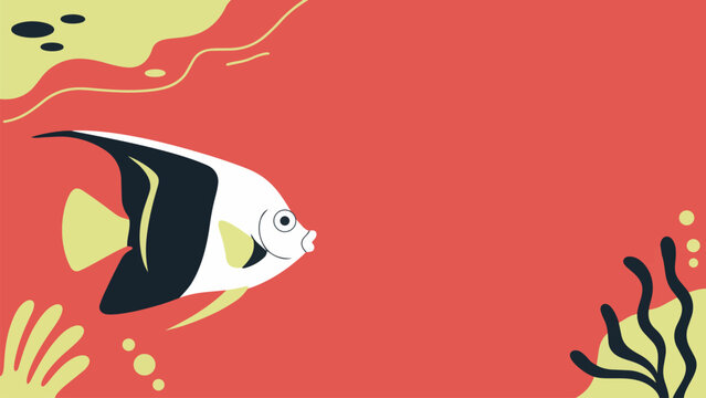 Colorful tropical angelfish swimming in coral reef vector illustration with abstract ocean background, marine life concept, flat design, vibrant red backdrop, sea plants and bubbles.