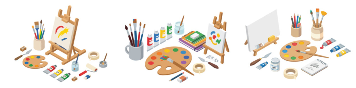 Minimalist isometric flat vector illustration of painting tools and art supplies, white background, no outlines.