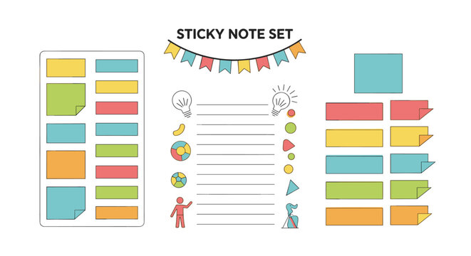 Comprehensive set of colorful sticky notes, bookmarks, flags, and checklist elements for organizing thoughts, tasks, and creative projects.