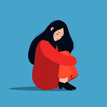 Vector catoon illustration of sad girl sitting and unhappily hugging her knees and cry. Woman in depression.