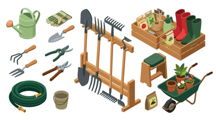 Isometric flat vector artwork of gardening tools organized in a tidy layout, white background, simple style, no outline. © Haris Lost