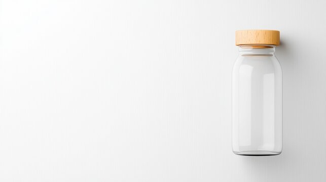 Vitamin Bottle Icon Clear glass bottle with minimalist label, white background, symbolizes vitamin packaging