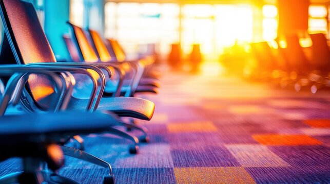 Row of empty airport lounge seats in warm, soft sunlight with colorful carpet flooring