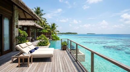 Fototapeta premium Luxury overwater bungalow with private pool and stunning turquoise ocean view in tropical paradise destination ideal for vacation and relaxation