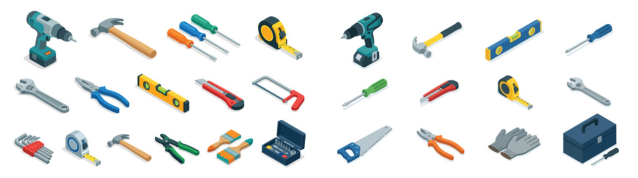 A collection of various isometric tools and equipment used for construction and repair