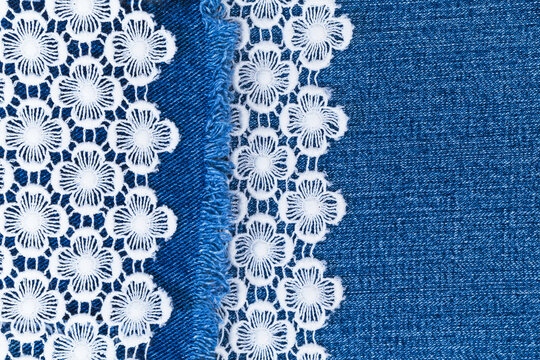Lace and denim fabric combination shows a contrast of textures in a close-up view during daylight