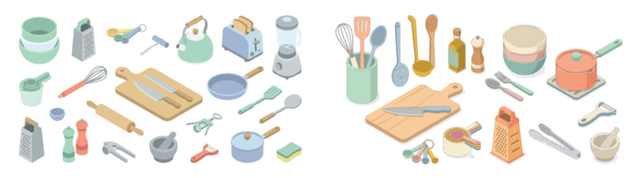 Collection of kitchen utensils and cooking equipment rendered in a 3D isometric style for graphic design and illustration purposes