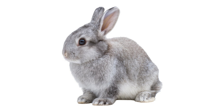 Gray fluffy rabbit sitting with long ears and pink nose