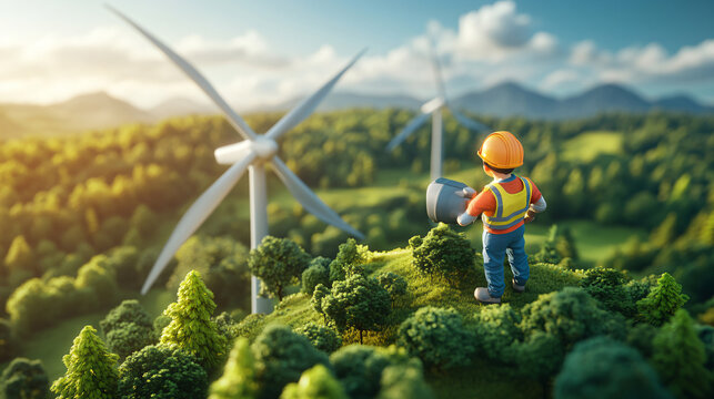 Energy engineer. A worker with a safety helmet stands in front of outside wind farms. cute cartoonish design.