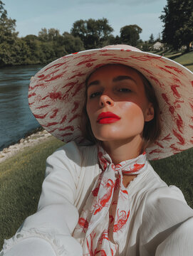 Elegant woman taking selfie by riverside wearing white blouse and red patterned sun hat. Fashion lifestyle portrait for travel editorial and social media campaigns.