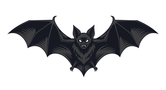 Detailed illustration of a dark black bat with its wings spread wide, featuring sharp ears and small white eyes for a spooky Halloween atmosphere.