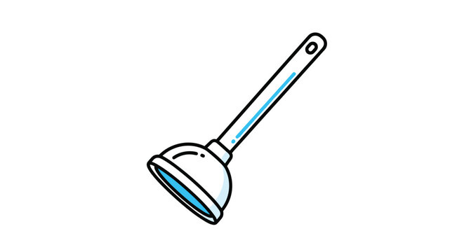 Simple illustration of a blue and white sink plunger with a long handle, shown at an angle on a white background for household repair themes.