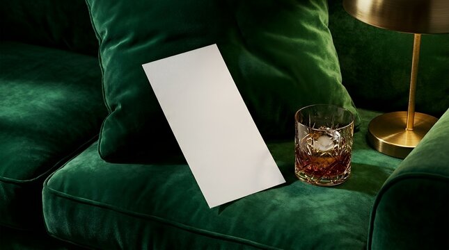 Blank vertical menu or invitation mockup leaning on a dark green velvet sofa with a whiskey glass and brass lamp