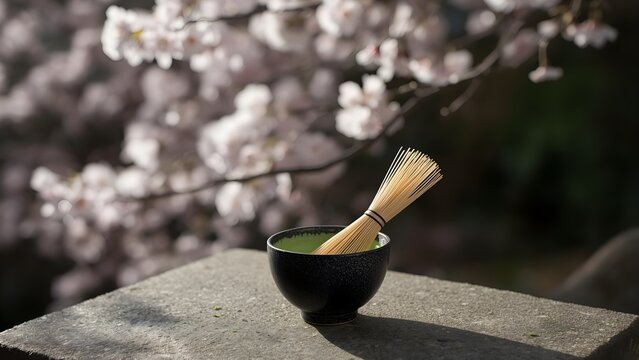 A traditional japanese matcha tea bowl with a bamboo whisk set against beautiful cherry blossoms
