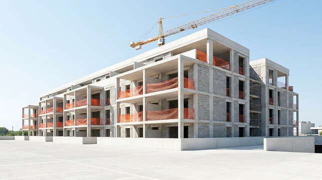 Modern residential apartment building under construction with a tower crane against a clear blue sky, reinforced concrete frame structure