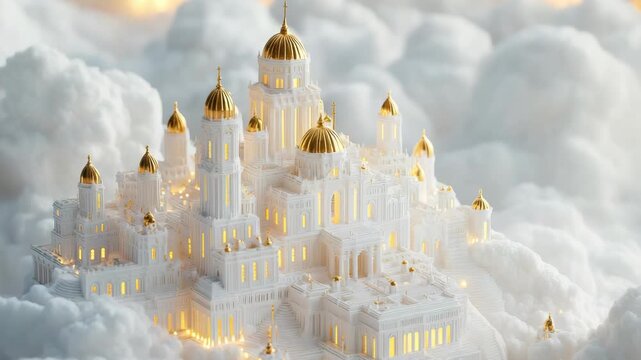 A grand castle rests among fluffy white clouds. The sun shines brightly, illuminating the golden domes and soft features of the clouds surrounding the structure