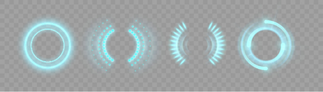 Blue glowing HUD circle elements with futuristic interface rings and digital loading indicators. Vector.