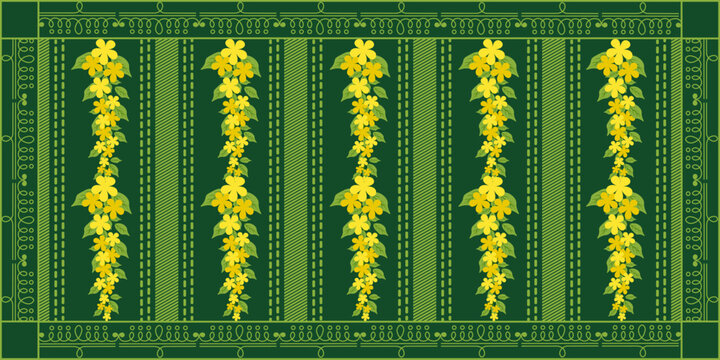 Dupatta floral design pattern. Vector indian wallpaper design with trendy Dobby pattern Dupatta design and yellow Flowers isolated green background. Perfect textile fabric print EPS 10