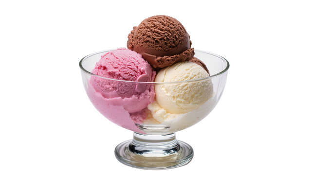 Three-scoop ice cream in glass bowl pink chocolate, vanilla flavors