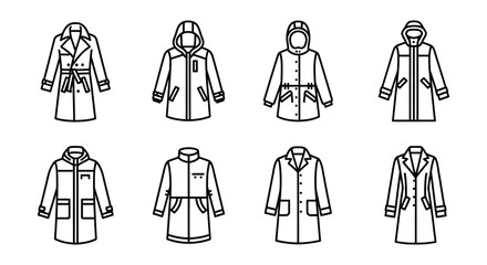 Line drawing of various coats and jackets on a white background © nurjahan