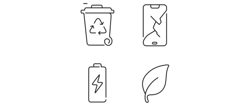 Vector icon set collection of 4 icons for e-waste management and sustainability featuring a recycle bin, broken smartphone, charging battery, and green leaf for environmental protection.