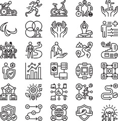 Fototapeta premium 30 Inclusive Fitness & Adaptive Sports Line Icons – Wheelchair Athlete, Accessible Gym Minimalist Vector Outline Set for UI UX