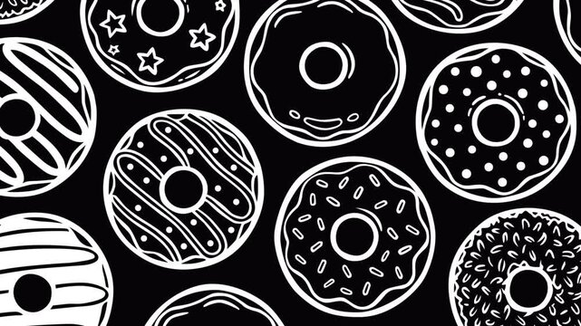 Looping footage of various donut outlines arranged in a seamless pattern on a black background. Smooth motion and clean lines create a modern food-themed visual for ads, branding, and menus.