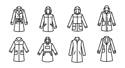 Line drawing of various coats and jackets on a white background © nurjahan