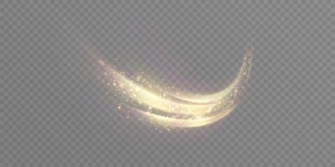 Golden fairy crescent moon with shimmer particles and soft glow, isolated glowing arc for fantastic effects and festive overlays. © MAKSYM