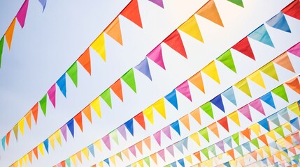 Fototapeta premium Vibrant carnival buntings hanging in rows against a clear sky, symbolizing celebration, party, festival, and event decoration