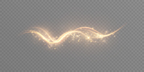 Golden magical light wave with sparkling particles and soft glow, isolated flowing trail for fantasy effects, fairy designs and luminous overlays. © MAKSYM