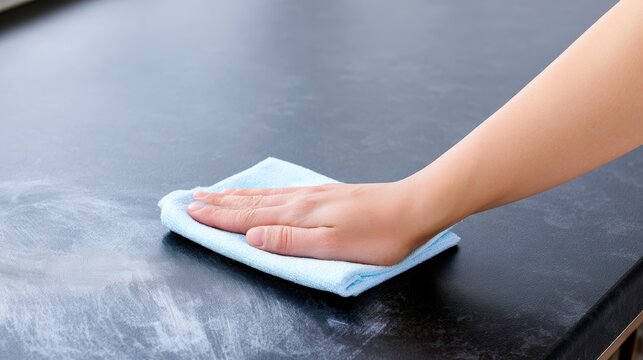 Hand with blue cloth wipes a black countertop surface, removing dust and dirt, showcasing a cleaning process in a modern kitchen environment with a focus on cleanliness and maintenance