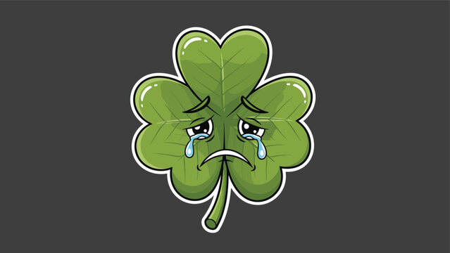 Personified four leaf clover with large sad eyes and tears running down its face represents bad luck or feelings of deep sadness.