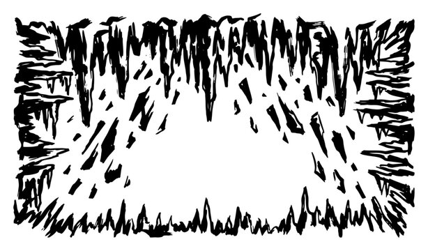 Sharp jagged spikes and icicles forming decorative rectangular frame in ink style