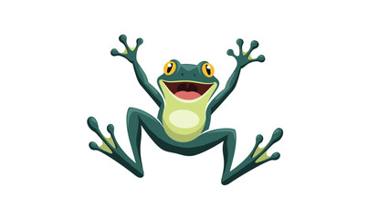 Obraz premium Happy green frog character jumping with arms wide open and big smile isolated on white background representing pond life and nature.