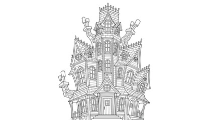 Naklejka premium Intricate line art illustration of spooky haunted house with multiple towers and chimneys for Halloween theme coloring or decoration.
