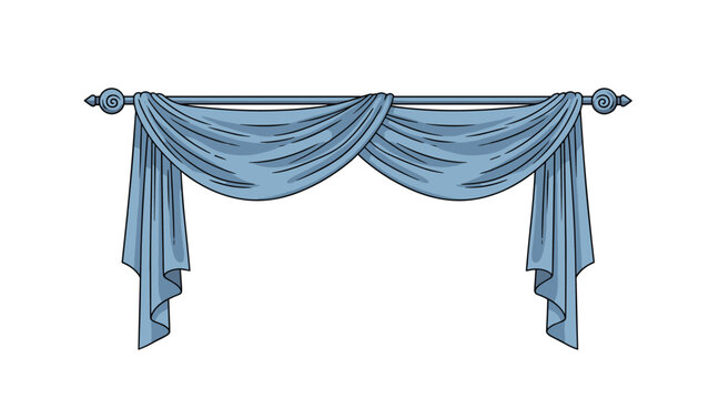 Stylish light blue window curtain valance with elegant drapes and decorative rod ends isolated on white background for interior design.
