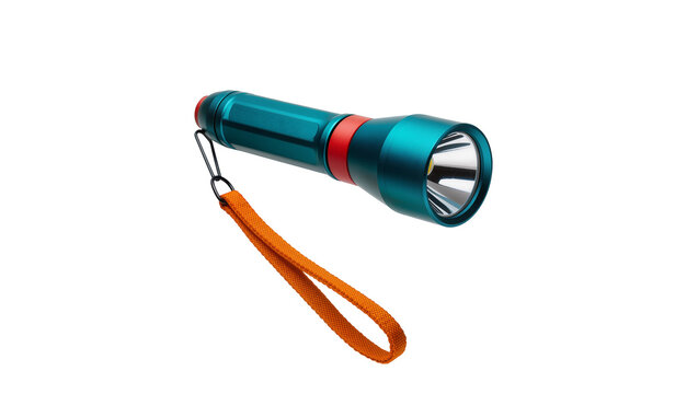Teal red flashlight with orange lanyard angled upward