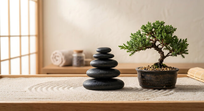 Zen garden with stacked black stones and bonsai tree on sand for spa and relaxation concept