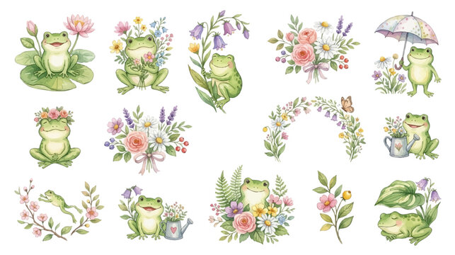 Cute watercolor frog clipart set, adorable amphibian characters with flowers, botanical elements and soft pastel nature design. Collection of Vector illustrations for invitation, card, poster, banner