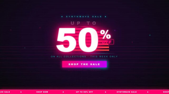 Retro synthwave 80s style neon glowing 50 percent off sale promotional banner