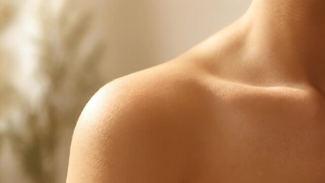 Close-up of a persons shoulder and collarbone, highlighting skin texture and subtle movements.