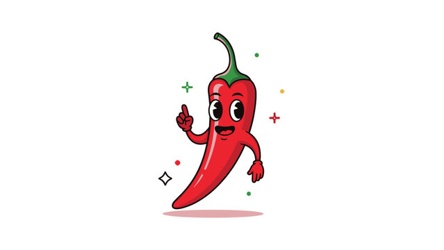 Fun red chili pepper character with smiling face and pointing finger gesture surrounded by colorful sparkles and icons on white.