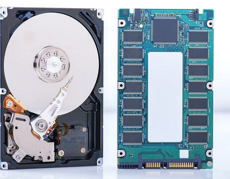 Close-up comparison of a hard disk drive and solid state drive on white background.