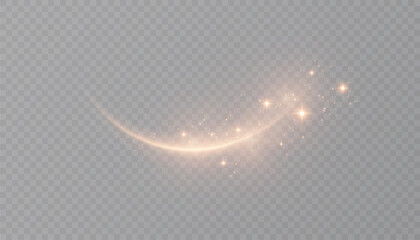 Golden magic effect with shimmering particles and bright glow, isolated curved magic wand effect for fantastic overlays and fairytale effects. © MAKSYM