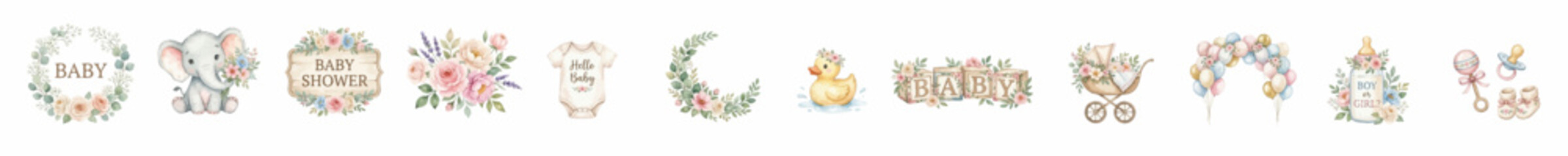 Baby shower watercolor set, cute nursery elements with animals, flowers and pastel decorations for greeting cards and prints. Collection of Vector illustrations for invitation, card, poster, banner © maria