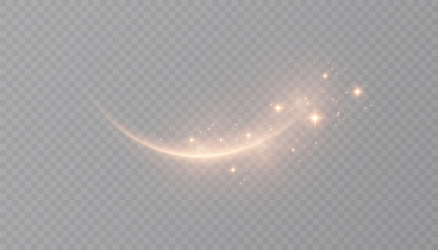 Golden magic effect with shimmering particles and bright glow, isolated curved magic wand effect for fantastic overlays and fairytale effects.