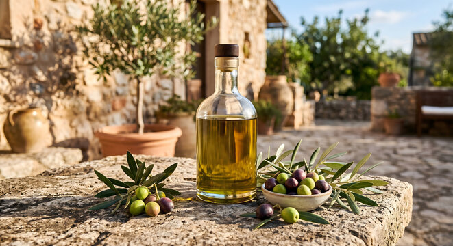 Premium extra virgin olive oil bottle with fresh olives on stone table overlooking olive grove at sunset