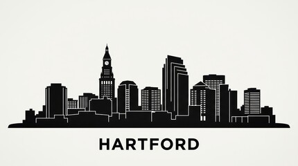 Obraz premium Black and white skyline silhouette of Hartford with insurance district skyscrapers. No people. Minimal design. Bottom: 